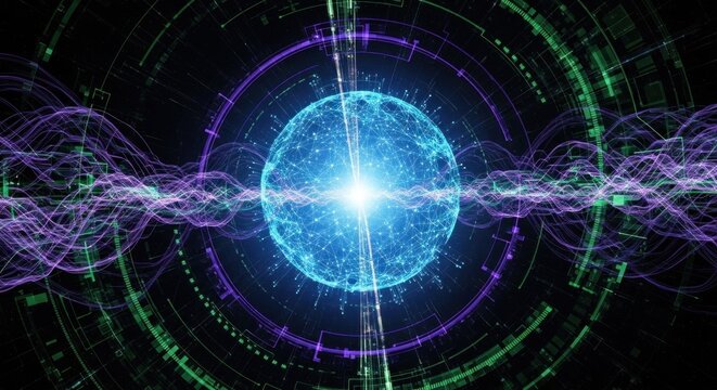 A blue and purple light sphere emitting energy in a futuristic, digital setting with green and purple circular patterns and a black background.