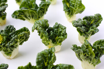 Fresh baby bok choy with crisp white green leaves.