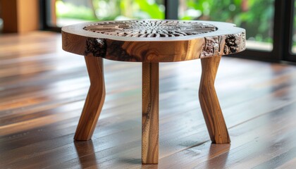 A beautifully handcrafted wooden table featuring elegant curved legs and a stunning wavy carved top, blending artistry and functionality to create a timeless piece of fine furniture