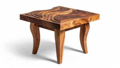 A beautifully handcrafted wooden table featuring elegant curved legs and a stunning wavy carved top, blending artistry and functionality to create a timeless piece of fine furniture