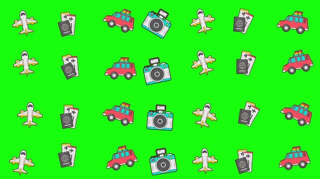 Seamless pattern travel cars, planes, cameras, and phones on green screen. Perfect for kids designs, tech visuals, transport themes, and playful illustrations.