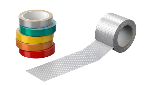 Stack of five colorful adhesive tape rolls next to a large silver reflective duct tape roll unwinding, representing tools for repair and construction isolated on transparent background. - Powered by Adobe