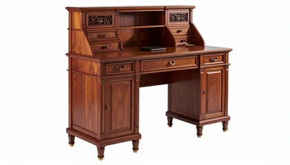 A vintage wooden roll-top writing desk with multiple drawers, cabinets, and open shelves, showcasing exquisite craftsmanship, warm tones, and a timeless appeal perfect for classic office interiors