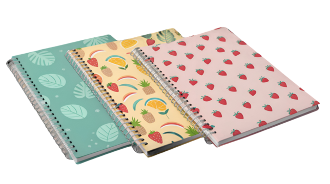Stack of three colorful spiral notebooks featuring tropical leaf, fruit, and strawberry patterns for back to school isolated on transparent background