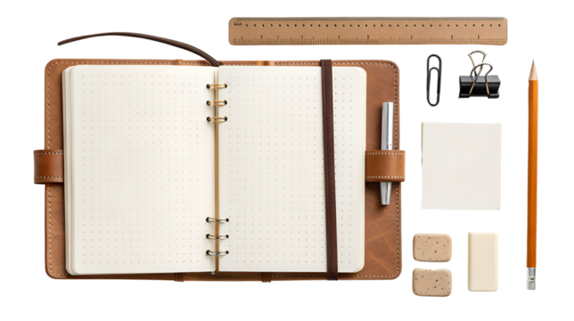 Stationery flat lay composition featuring an open leather ring binder, ruler, pencil, and clips, isolated on transparent background