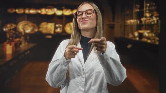 Woman in white coat points both index fingers toward camera inside a museum gallery with glass display cases and warm lighting; playful charm.