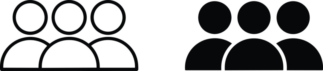 Group icon comparison set, black and outline vector silhouettes of three people, minimal team symbol for UI, infographic, and social design