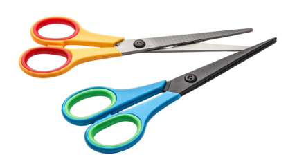 Two pairs of colorful school or office scissors with contrasting handles and metal blades, isolated on transparent background