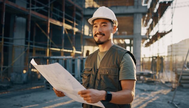 Portrait of young attractive construction man smiling in safety vest with safety helmet and holding blueprint while standing on construction site. 