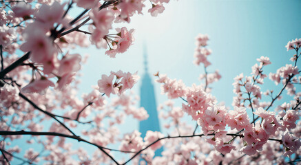 Obraz premium Blooming Cherry Blossoms Frame a Distant Skyscraper During Spring