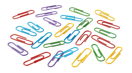 Vibrant assortment of metallic paper clips in red, blue, yellow, green, and purple isolated on transparent background