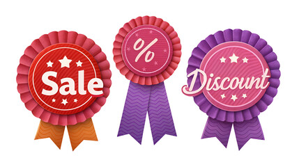 Vibrant 3D collection of promotional rosette ribbons displaying Sale, Discount, and Percent symbols isolated on transparent background