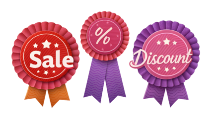 Vibrant 3D collection of promotional rosette ribbons displaying Sale, Discount, and Percent symbols isolated on transparent background