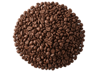 Pile of roasted coffee beans forming a circular shape, ready for brewing a rich drink