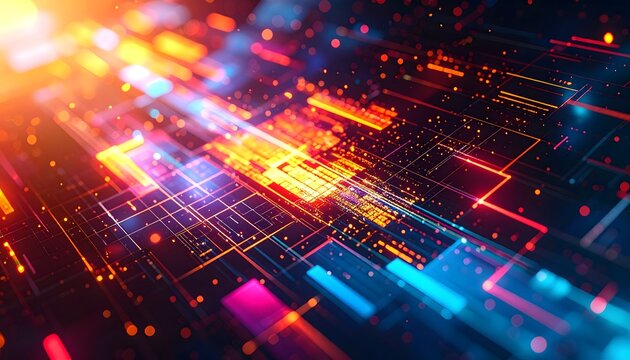 Abstract digital background with futuristic glitch art, featuring broken pixel patterns and vibrant neon light effects in red, orange, and blue.