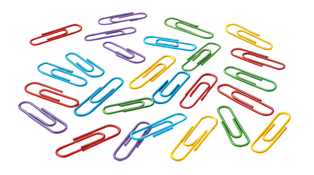 Vibrant assortment of metallic paper clips in red, blue, yellow, green, and purple isolated on transparent background