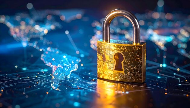 Golden padlock symbolizing security and cyberprotection placed over a glowing world map and digital network, representing global financial services.