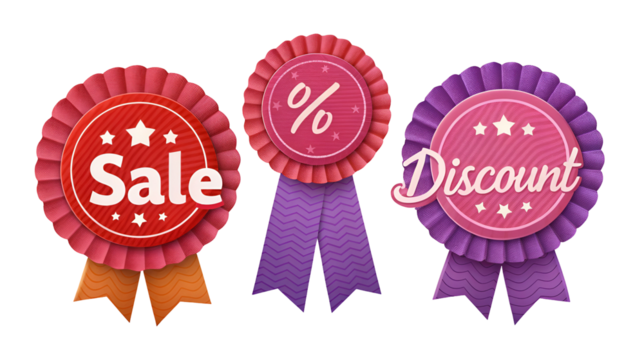 Vibrant 3D collection of promotional rosette ribbons displaying Sale, Discount, and Percent symbols isolated on transparent background