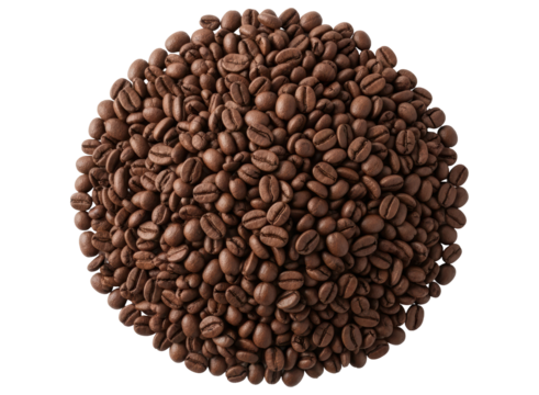 Pile of roasted coffee beans forming a circular shape, ready for brewing a rich drink
