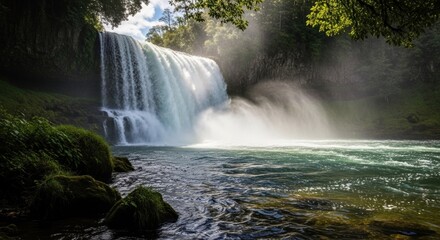 Obraz premium A serene waterfall cascades into a tranquil pool, surrounded by lush greenery and a clear blue sky.