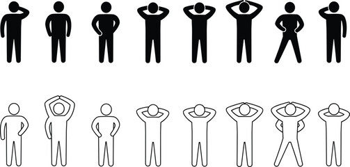 Human body posture silhouette icons, outline gesture figures, standing man poses, confident stance, hands on hips, head touch, vector illustration set