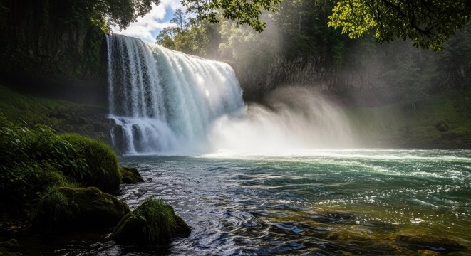 A serene waterfall cascades into a tranquil pool, surrounded by lush greenery and a clear blue sky.