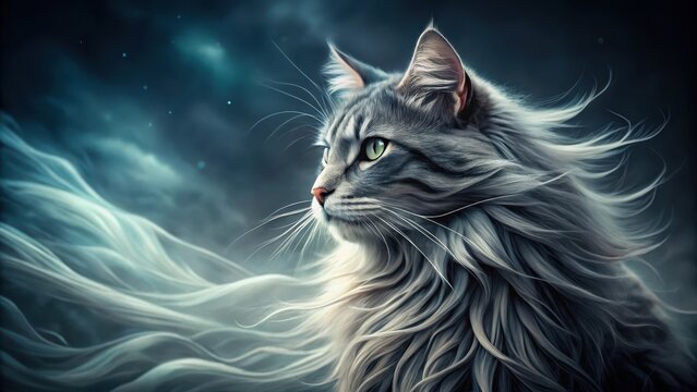Moody feline gaze with long hair flowing in the wind