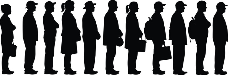 Queue silhouette icon set, diverse people standing in line, black vector figures with bags, hats, and varied postures, minimal social behavior design