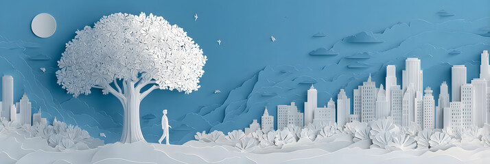 The person who knows. Tree, Achieve sustainable growth, World Environment Day. White eco urban city and nature landscape background paper art style.	
