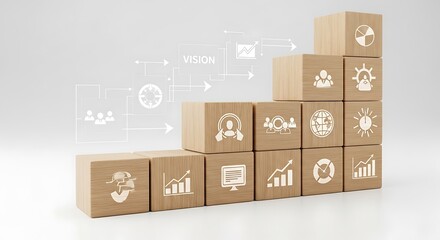 Fototapeta premium Corporate Strategy and Vision Planning with Icons on Wooden Blocks