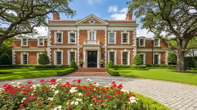 A symmetrical brick mansion framed by trees and a circular driveway with flower beds