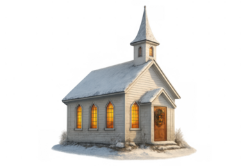 White chapel church building with steeple during winter, offering holiday season reverence, transparent background