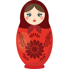 Traditional Russian nesting doll matryoshka doll with floral painted design and warm red colors on a clean white background symbolizing culture and heritage