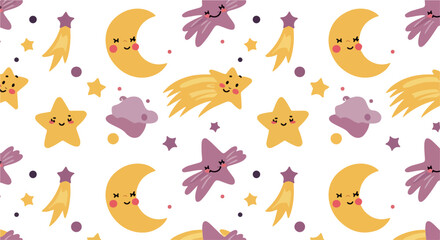 Cute Crescent Moon and Star Pattern With Shooting Stars