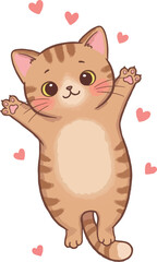 Cute Orange Tabby Cat Happy Hugging Pink Hearts White Background Minimalist Illustration