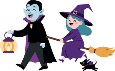 Cute Halloween Vampire Witch Dog Minimal Illustration Purple Orange