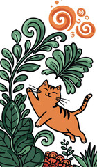 Cute Orange Tabby Cat Jumps Among Lush Greenery and Orange Swirls