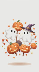 Cute Pixel Art Halloween Ghosts Pumpkins Candy Cane Witch Hat Stars
