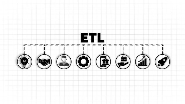 ETL icon - video . Etl, extract, transform, load, extraction, staging, area, data, warehouse, analytics, infographic, template, presentation, concept, banner, icon set