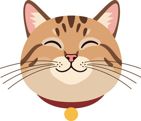 Cute Tabby Cat Face Smiling Wearing Red Collar Yellow Charm Flat Illustration