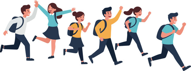 Diverse Group Of Students Running Together With Backpacks Joyful Celebration Flat Design