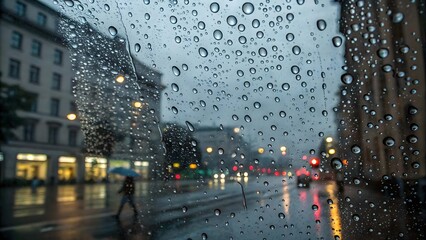 Macro raindrops on glass window overlooking city street at dusk water drops