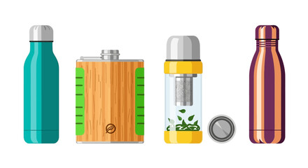 Fototapeta premium Four reusable water bottles and a coin on a white