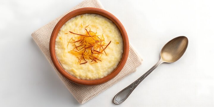 Phirni rice pudding with saffron threads in small clay