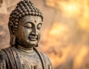 Bronze Buddha statue with serene expression and detailed curled hair against warm blurred background