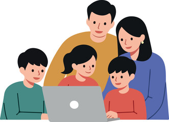 Family of Five Using Laptop for Learning and Connection