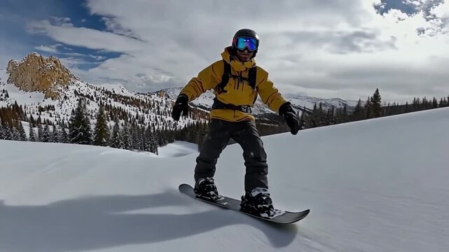 An expert snowboarder carves down a pristine snowy slope, spraying powder while executing a sharp turn on a sunny winter day.