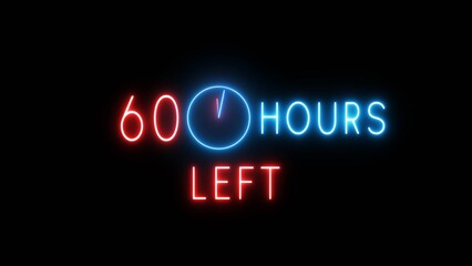 60 Hours left timer clock illustration. Neon countdown clock.