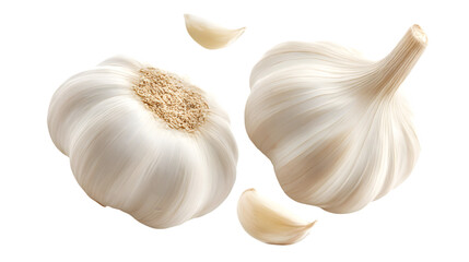 A peeled garlic piece floats elegantly with soft lighting, isolated on white