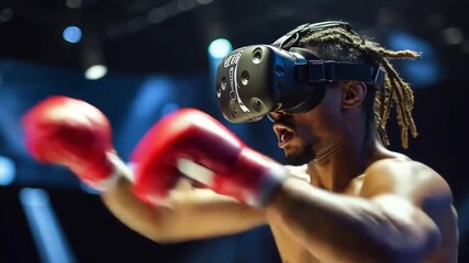 An athletic woman wearing virtual reality goggles engages in an intense boxing workout, simulating a fight in a digital metaverse. - Powered by Adobe